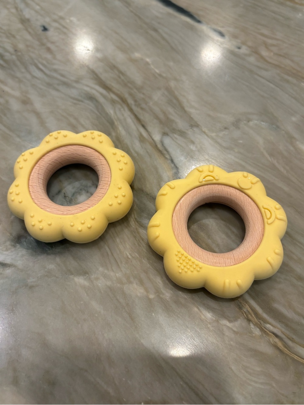 Yellow Flower Silicone & Wood Baby Teether Ring - 2 Pack - Like New